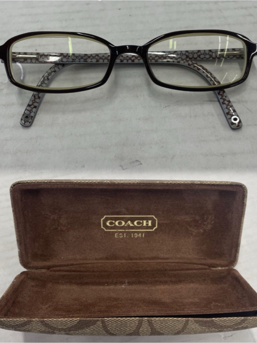 Coach Brown Rectangular Glasses with Signature Pattern Temples